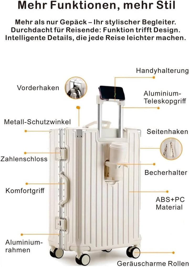 Alu-Rahmen Handgepäck Koffer (55cm) - 45L Hartschalenkoffer mit Becherhalter & Handyhalter - Premium
