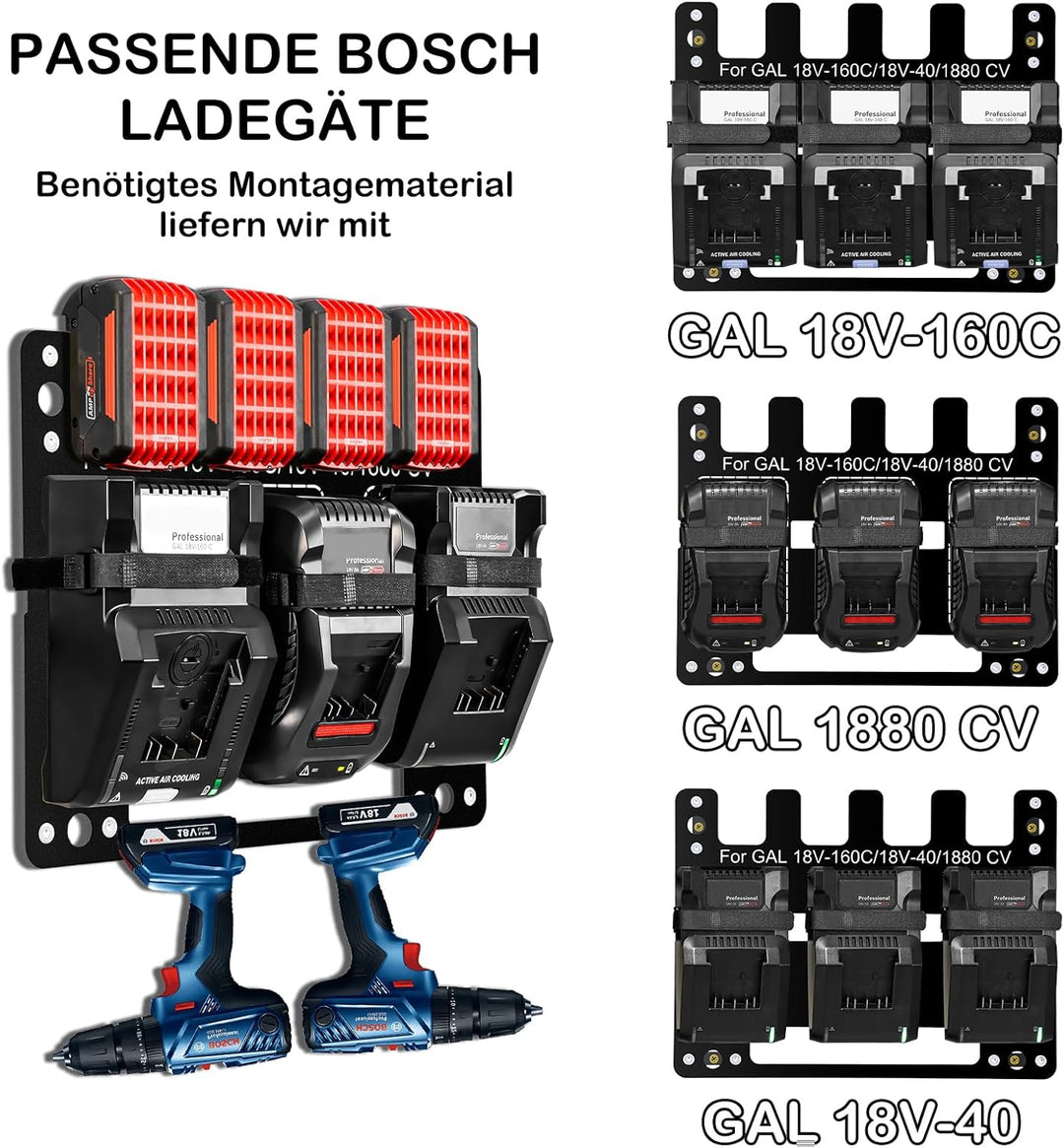 Wandhalterung für Bosch Akkus und Ladegeräte – 3-in-1 Bosch Akku Halterung (für 4 Akkus + 3 Ladegerä
