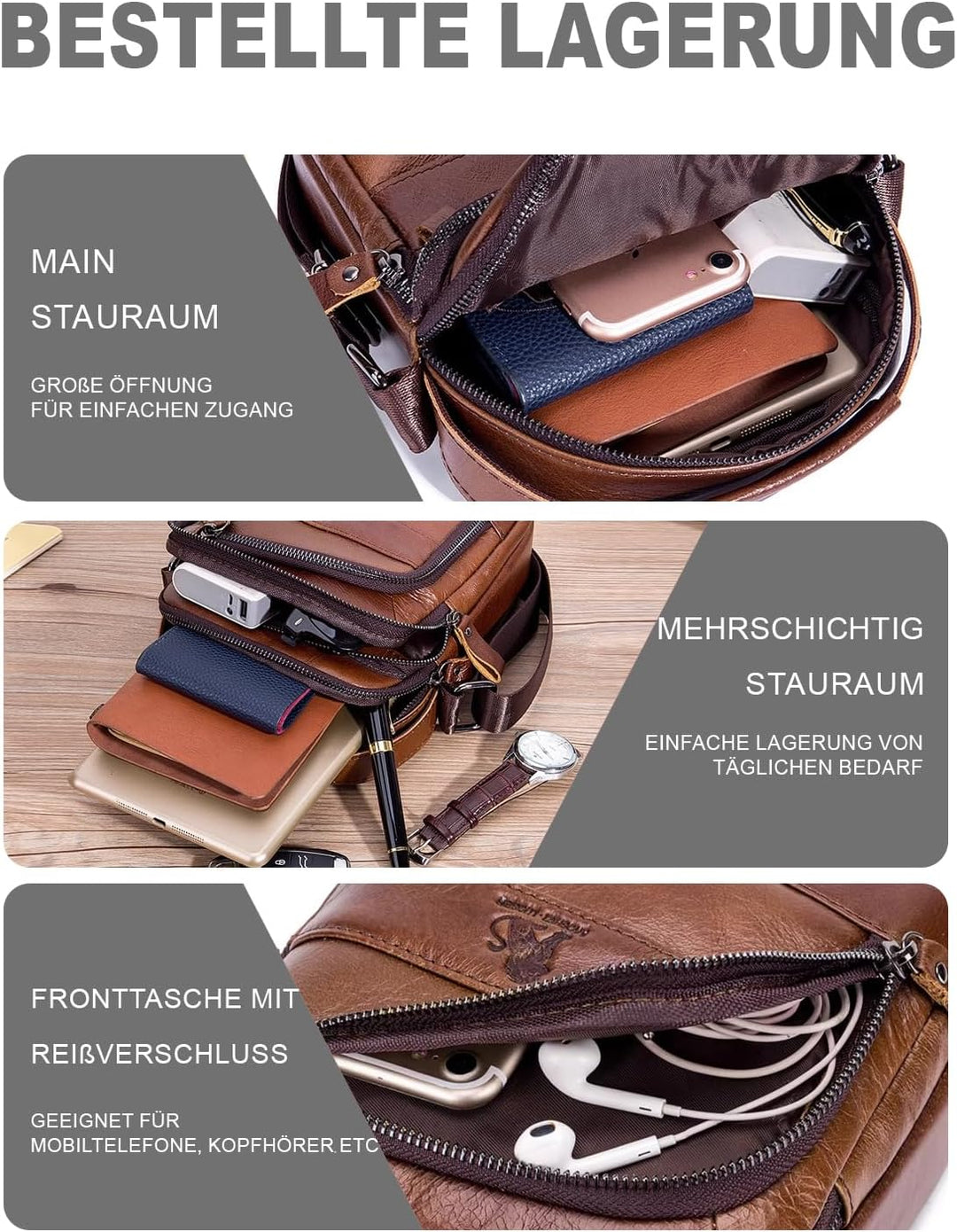 Umhängetasche aus Echtem Leder Herren Casual Fashion Crossbody Tasche Multifunktionaler Taschenbeute