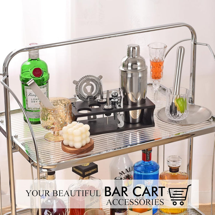 Cocktail Shaker Set mit Bambus Ständer & Rezeptbuch, Edelstahl 750ml Bar Cocktailset Cocktailshaker