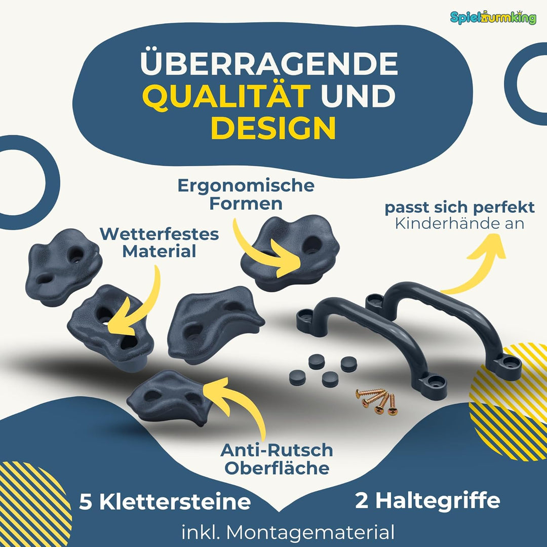 Klettergriffe Kinder Set: 5 Klettersteine Kinder in Grau, 2 Haltegriffe, Kletterwand Zubehör - Klett