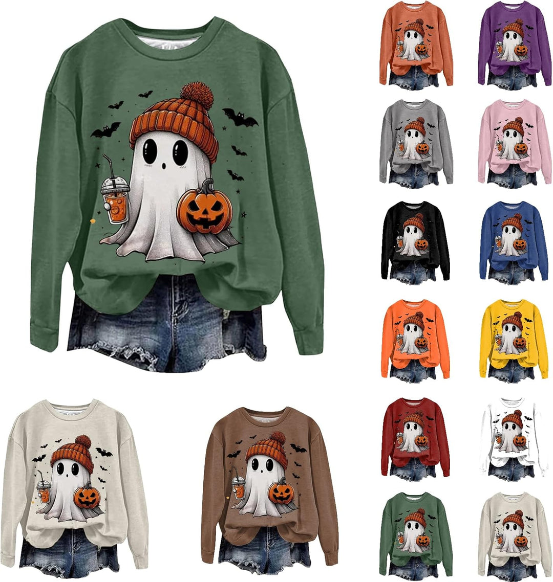 Halloween Kostüm Damen, Halloween Pullover Damen Süss Geister Drucken Festival Sweatshirt Ohne Kapuz