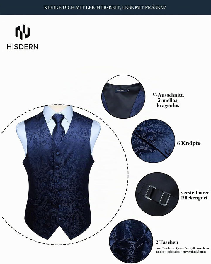 HISDERN Herren FLoral Hochzeit Weste Krawatte Einstecktuch Taschentuch Jacquard Weste Anzug Set XXL