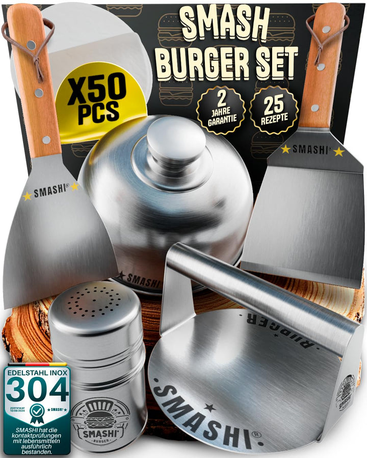 SMASHI® Smash Burger Set mit Holzgriffen – Grillzubehör aus Edelstahl 304 Burgerpresse, Spachteln &