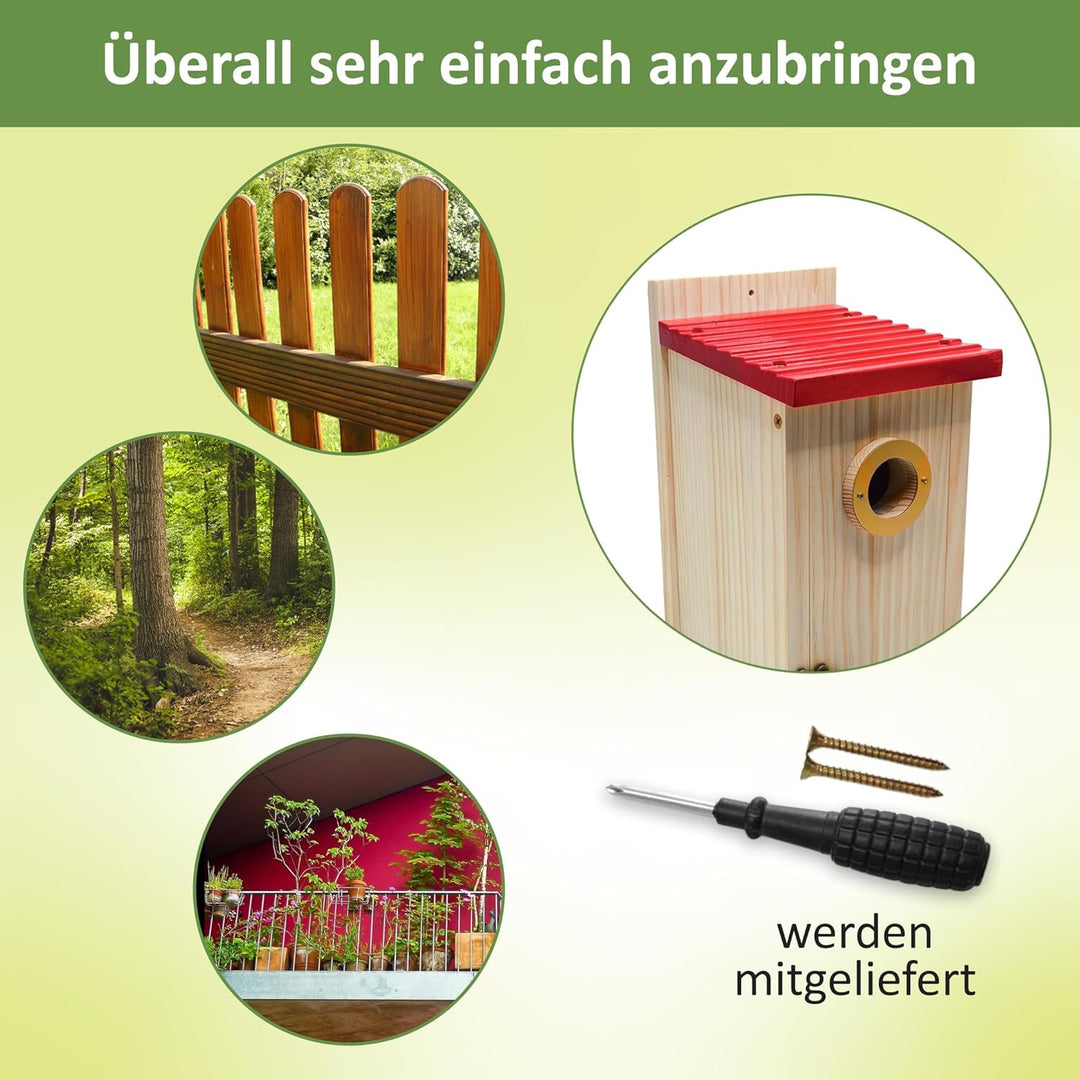 Robuster 15 mm dickwandiger Nistkasten, gut verarbeitet, ideal für kleine Meisen. Das Vogelhaus zum