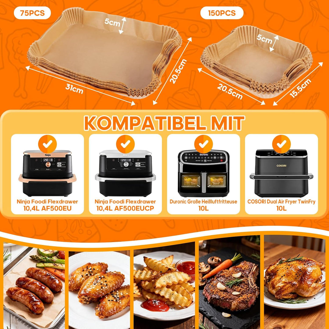 225 Stück Backpapier für Ninja Foodi Flexdrawer 10,4 L, Heissluftfritteuse AF500EU bis 230 °C, Airfr