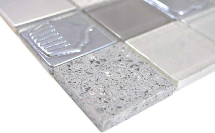 Mosaik Fliese Quadrat Crystal/Artificial/Stein/Stahl mix Relief grey für WAND BAD WC KÜCHE FLIESENSP
