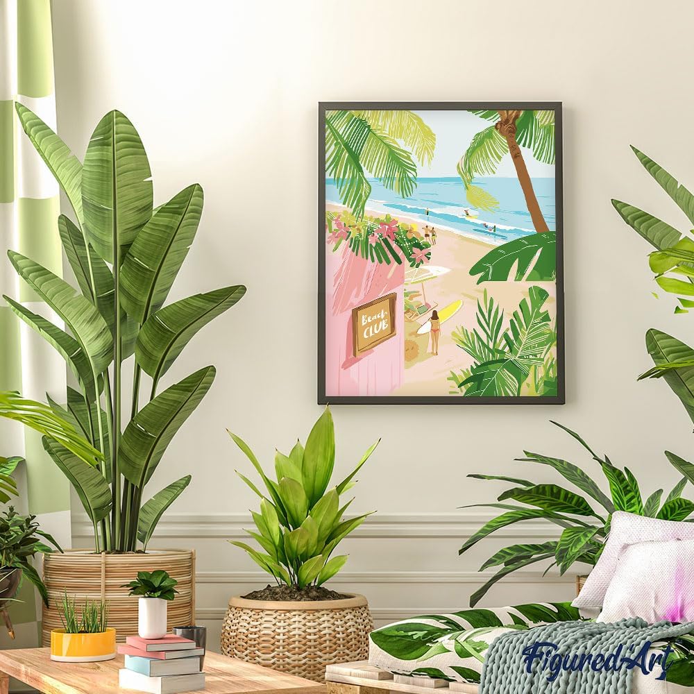Figured'Art Malen Nach Zahlen Erwachsene Mit Rahmen Strandclub - Paint by Numbers Basteln DIY Bastel