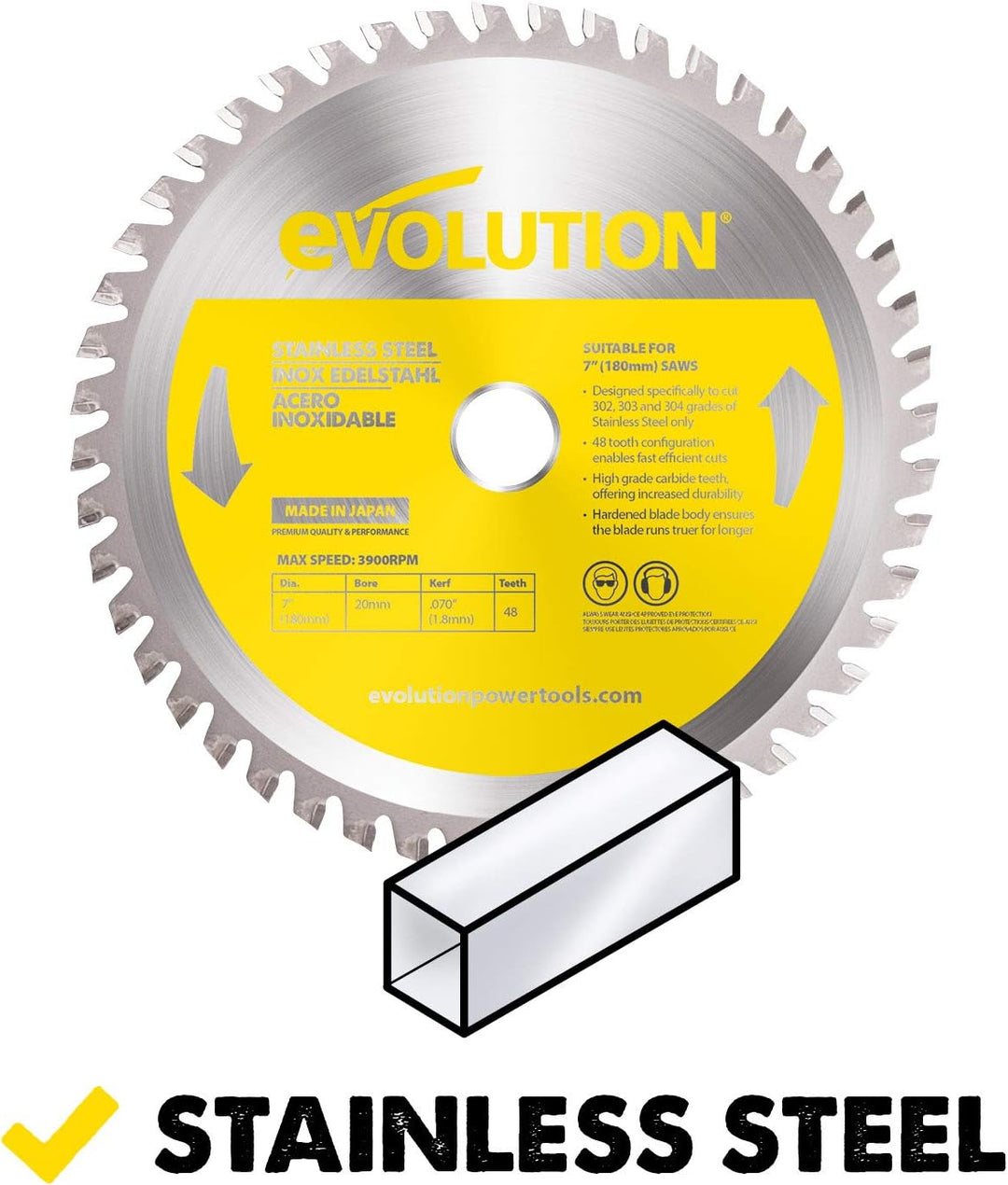 Evolution Power Tools Edelstahl Sägeblatt, 180BLADESSN, 48 Zähne, gelb, 7 Inch
