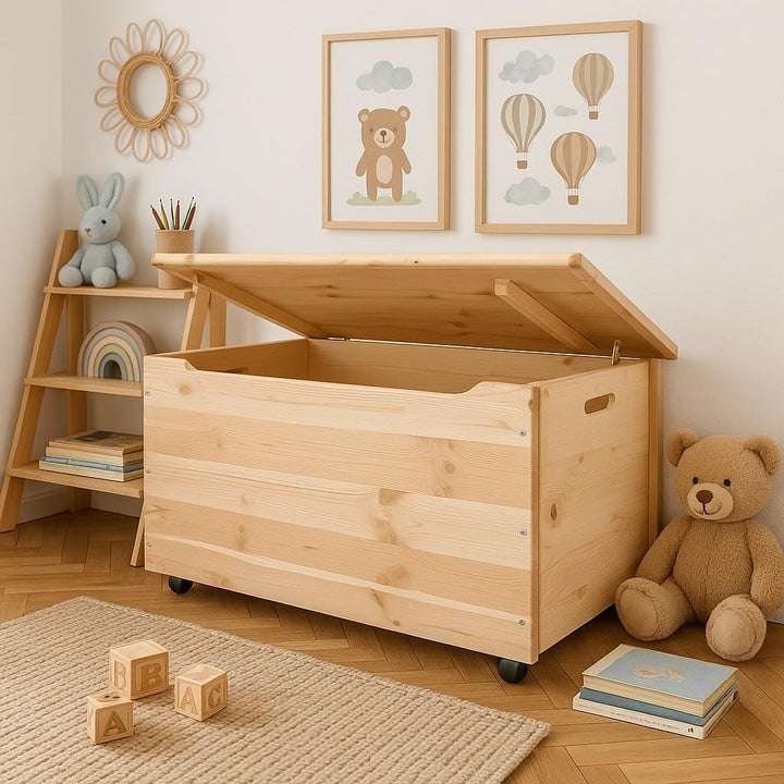 Pinus - Holzkiste mit Deckel auf Rollen, 90x48x51 cm, Gross Holzbox über Spielzeug, Ideal Spielzeugk