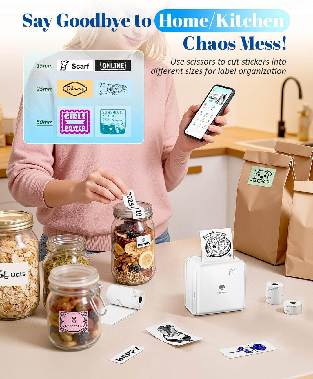 Phomemo Mini Thermodrucker 300DPI - Mini Fotodrucker, Schwarz-Weiss Foto-Thermo-Aufkleber Drucker, P