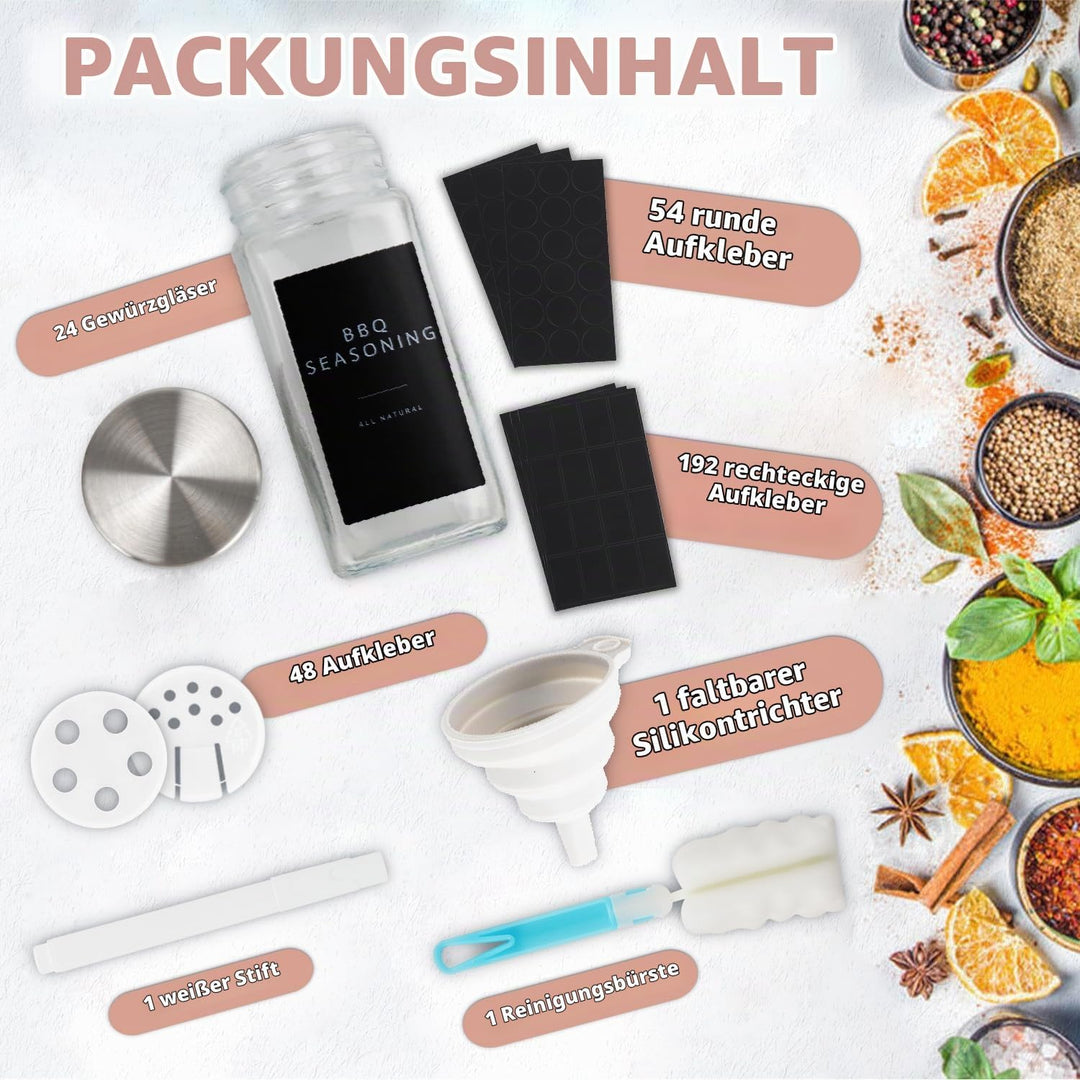 Lannvan Gewürzgläser Eckig Set [24 Stück] mit Edelstahldeckel, 120ml Gewürzdosen mit 246 Etiketten,