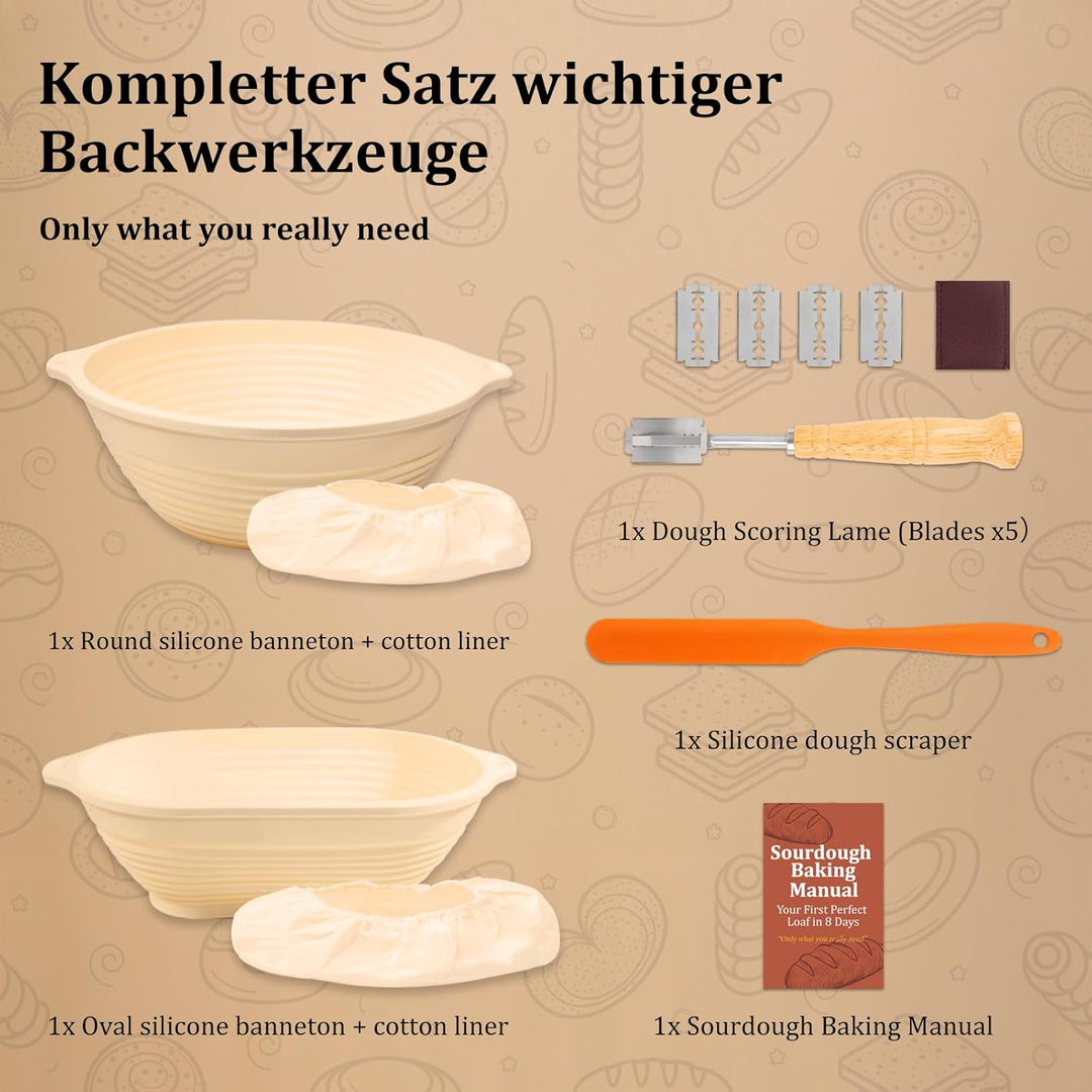 Sauerteig Starter Set – Faltbare Silikon Gärkörbchen (rund & oval) mit Stoffauskleidung, Brotmesser
