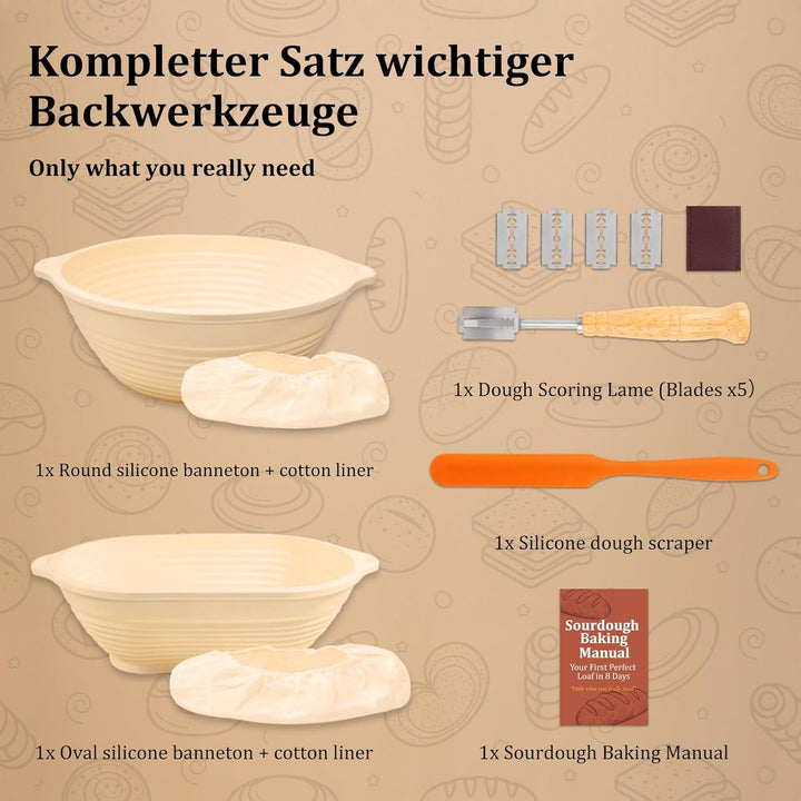 Sauerteig Starter Set – Faltbare Silikon Gärkörbchen (rund & oval) mit Stoffauskleidung, Brotmesser