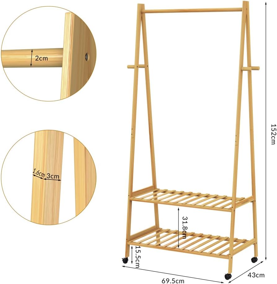 Casaria® Bambus Kleiderständer auf Rollen stabile Kleiderstange mit Ablagen & Haken platzsparender G