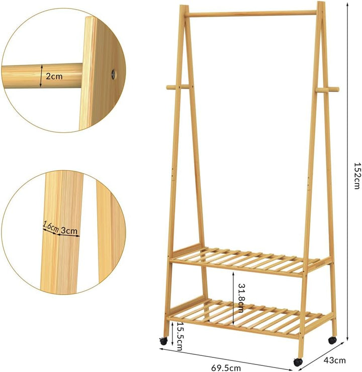 Casaria® Bambus Kleiderständer auf Rollen stabile Kleiderstange mit Ablagen & Haken platzsparender G