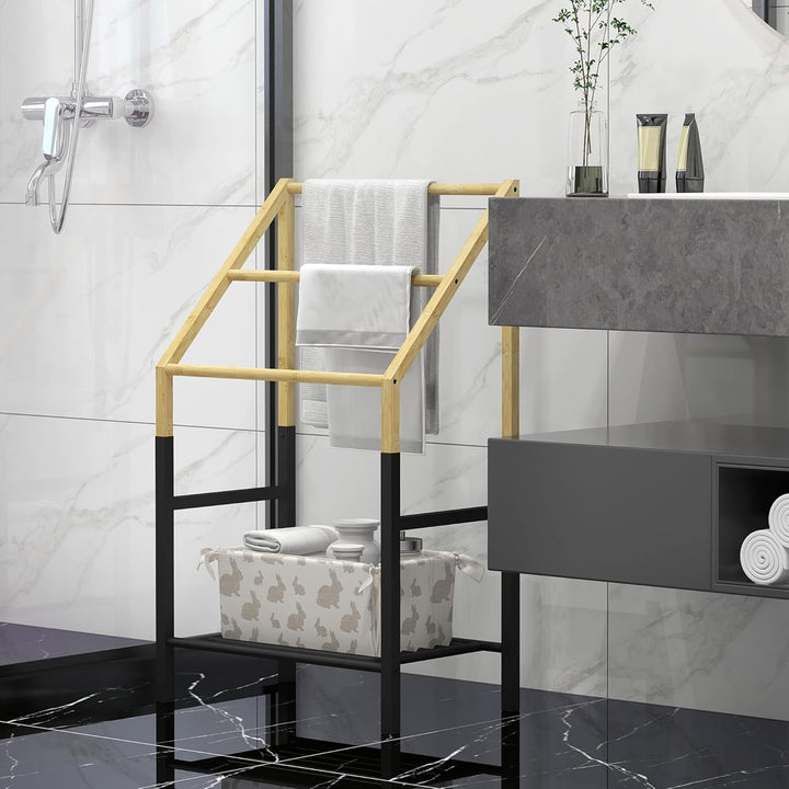 HOMCOM Handtuchhalter, Freistehend Handtuchständer mit Ablage, 3 Handtuchstangen, Badetuchhalter für