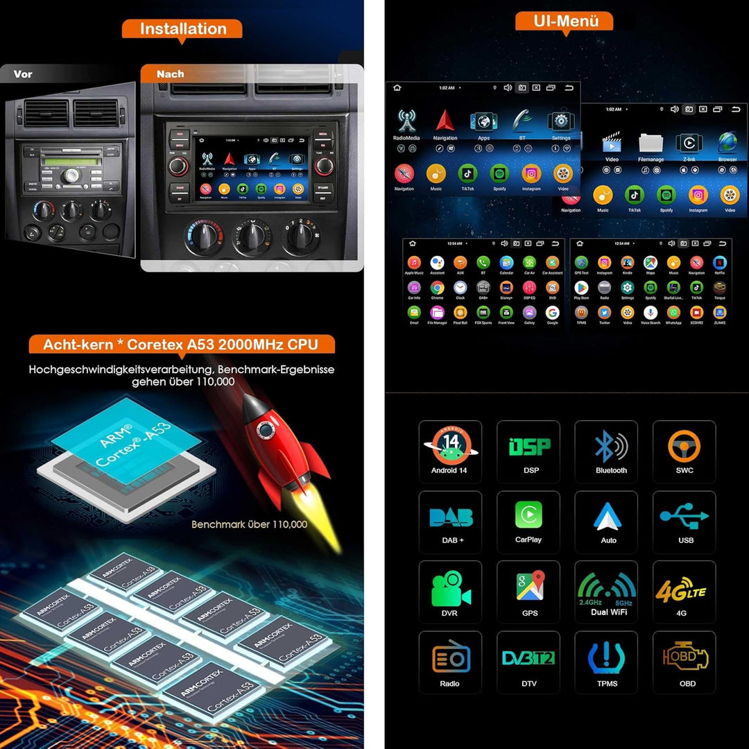 Erisin 8-Kern 4GB+64GB 7 Zoll Android 14 Autoradio GPS Navi für Ford Focus Fiesta Kuga Mondeo Transi