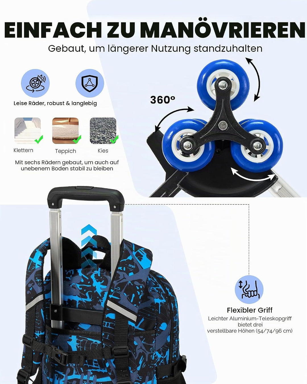 Amythe Schulrucksack mit Rollen für Jungen, Grosser Leuchtstoff Trolley-Rucksack mit 6 Räder, Wasser