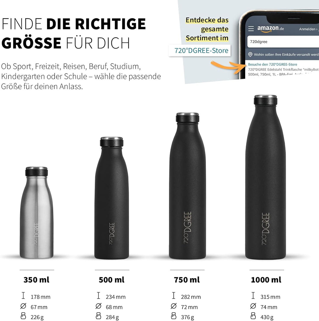 720°DGREE Edelstahl Trinkflasche “milkyBottle” - 350ml, 500ml, 750ml, 1L - BPA-Frei, Auslaufsicher,