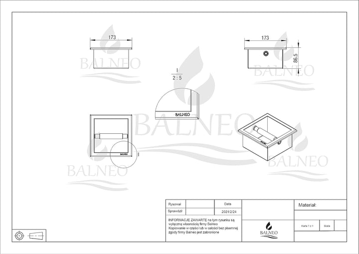 Balneo Toilettenpapierhalter aus Edelstahl, 17,3x17,3x8,6 cm, Einbaumontage, Papierspender Toiletten