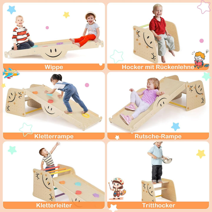 DREAMADE 6 in 1 Klettergerüst Indoor mit 2-seiteiger Rampe, Sprossendreieck Kletterspielzeug aus Hol