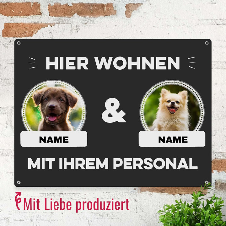 Hunde Schild personalisiert - Hier wohnt mit Personal - Metallschild mit Foto und Name für aussen, w