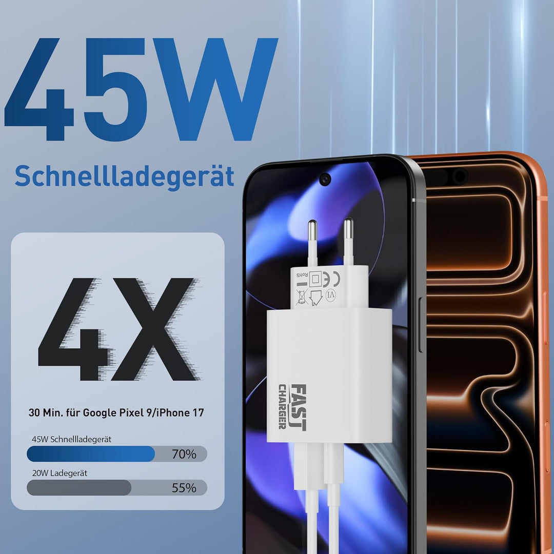 2Pack 45W 2-Port USB C Ladegerät Ladekabel für Google Pixel 11 10 9 Pro XL 2-Pack, 2-Pack