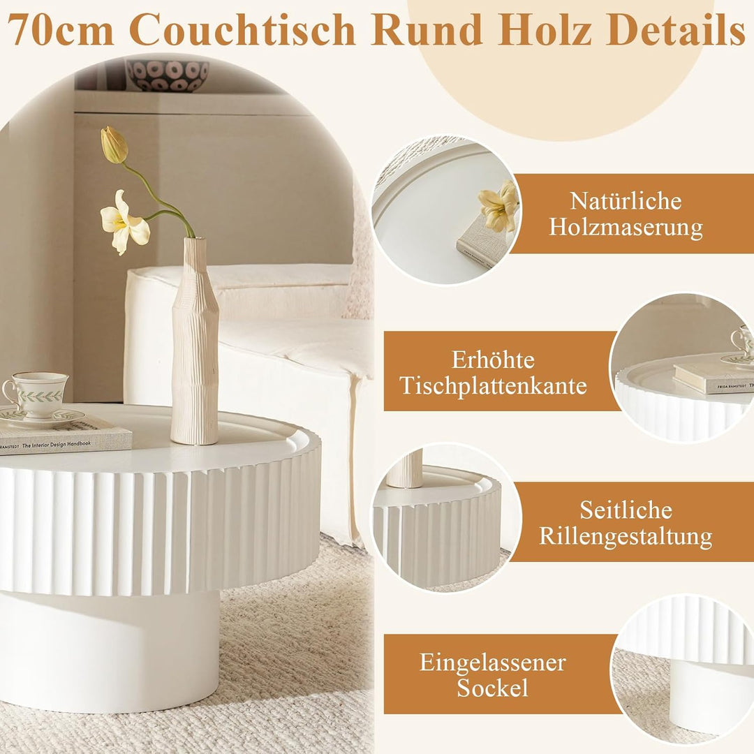 Couchtisch Rund Holz, Wohnzimmertisch Rund mit Geriffeltem Design, Coffee Table in Pilzform mit Den