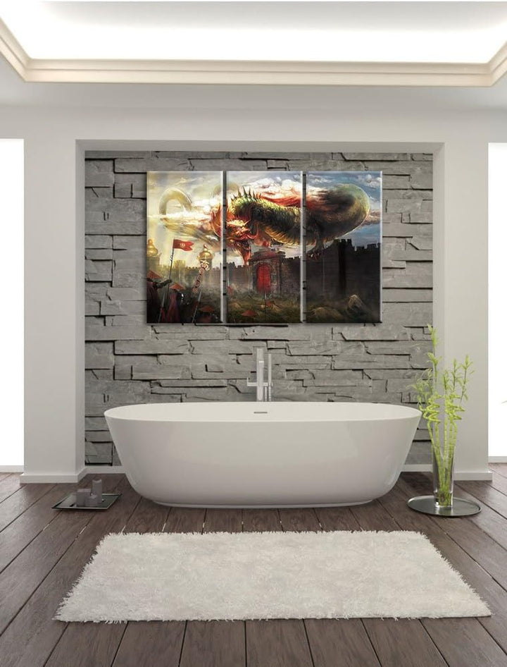 Pixxprint Drache über der Festung als Leinwandbild | Grösse: 3 Teilig (120x80) | Wandbild| Kunstdruc