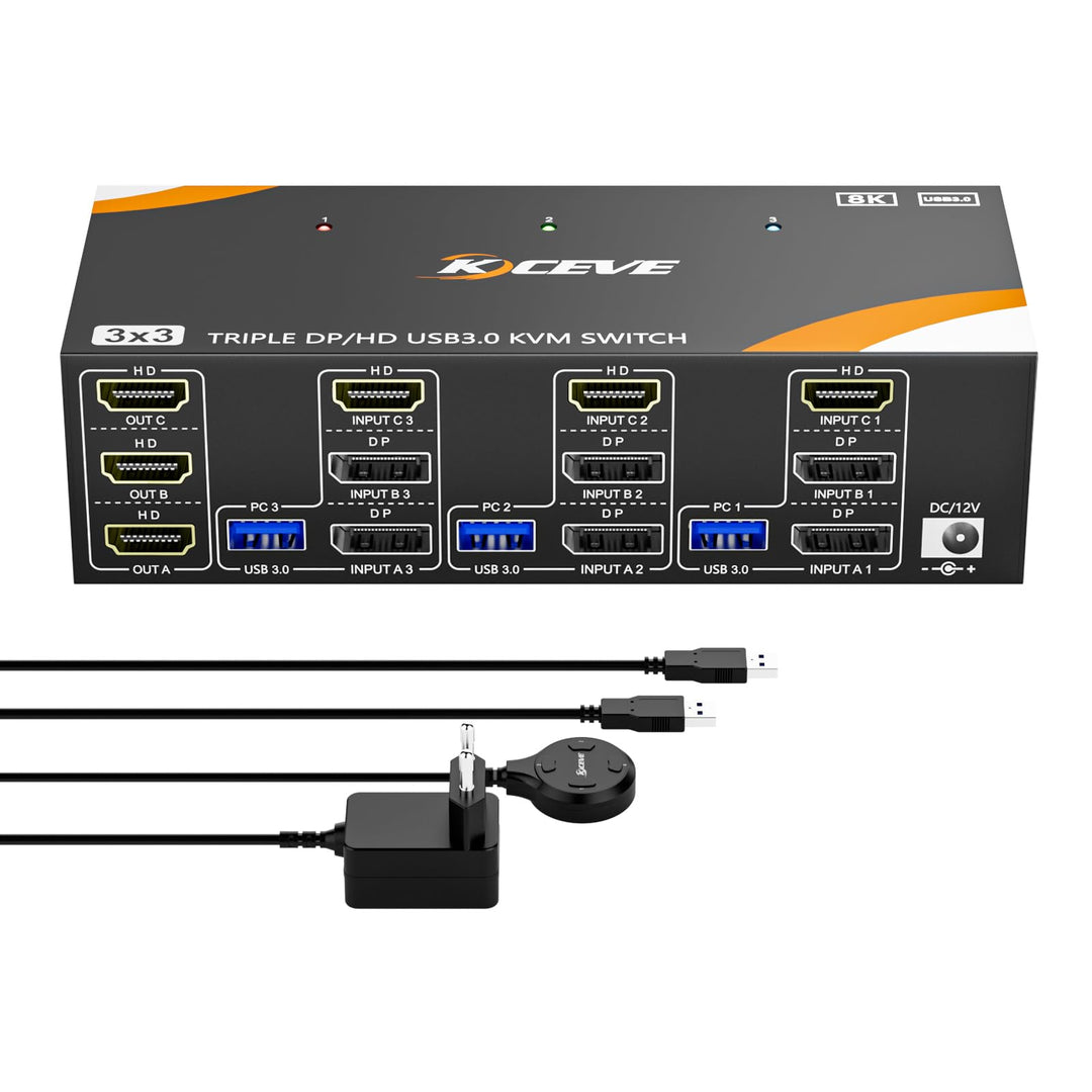 KVM Switch 3 PC 3 Monitore 8K@60Hz / 4K@144Hz, Displayport 1.4 HDMI 2.1 USB 3.0 KVM Switch Triple Mo