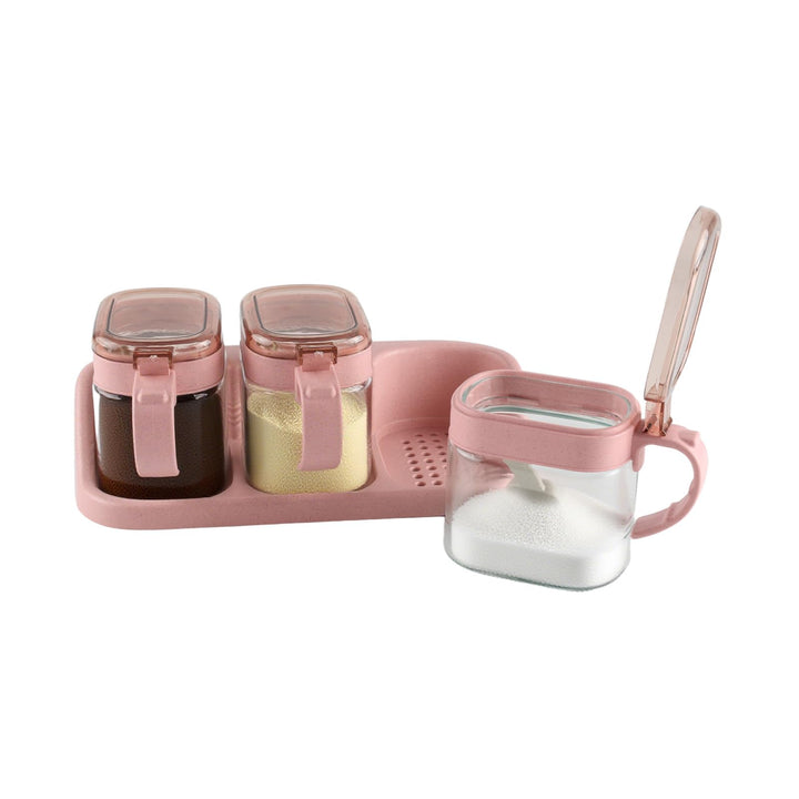 Gewürzbehälter 3er Set 300ml aus Glas – Gewürzgläser mit Deckel und Löffel, Gewürzdosen auf Tablett