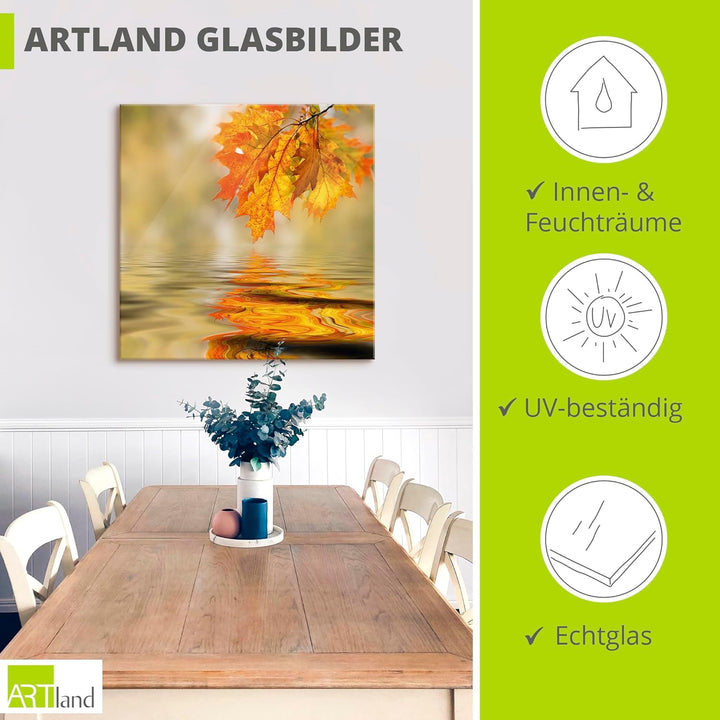 ARTland Glasbilder Wandbild Glas Bild einteilig 50x50 cm Quadratisch Natur Landschaft Wald See Blätt