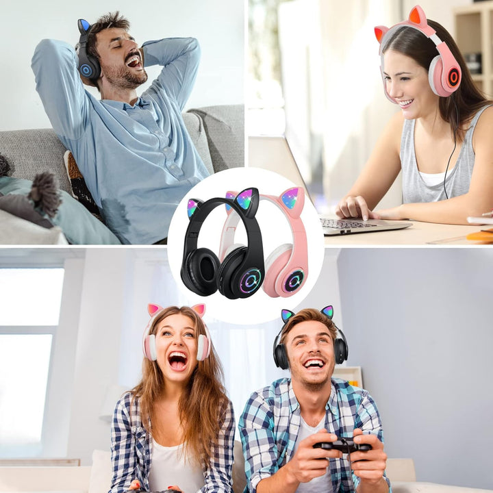 Sendowtek Kinder Kopfhörer, Bluetooth Kinderkopfhörer Over Ear Niedlich Katze mit Ohr Blinkendes Lic