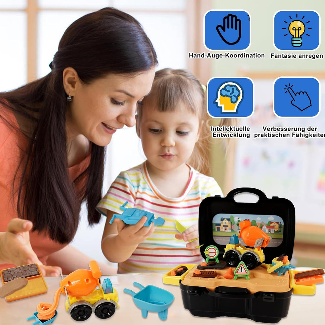 Knete Set Baustellenfahrzeuge Kinder Knete Zubehör mit Tragbarem Koffer, Zement Baustelle Spielzeug