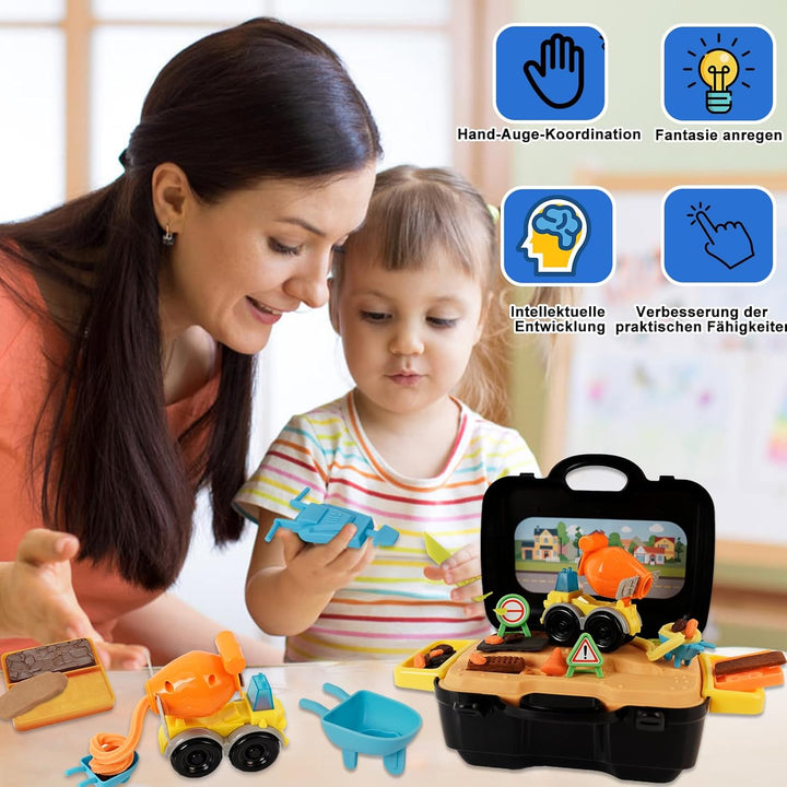 Knete Set Baustellenfahrzeuge Kinder Knete Zubehör mit Tragbarem Koffer, Zement Baustelle Spielzeug
