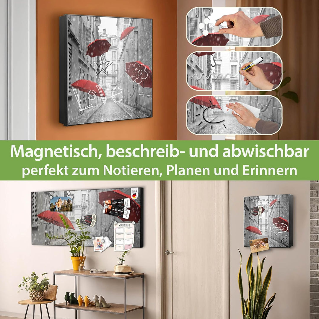 banjado® Grosser Schlüsselkasten Glas/Schlüsselbox 30cm x 30cm mit 50 Haken - Motiv Rote Schirme/Sch