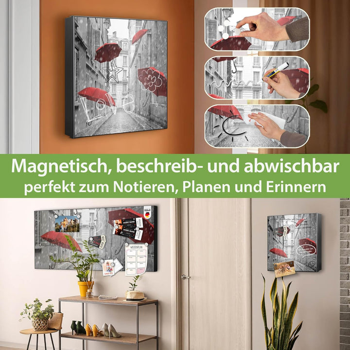banjado® Grosser Schlüsselkasten Glas/Schlüsselbox 30cm x 30cm mit 50 Haken - Motiv Rote Schirme/Sch