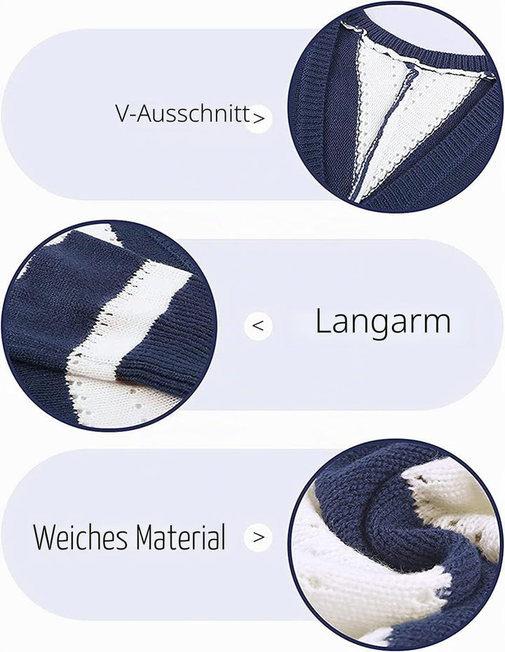 Dokotoo Damen Strickpullover V-Ausschnitt Casual Pullover Warm Oberteil Tops Streifen Sweater Elegan