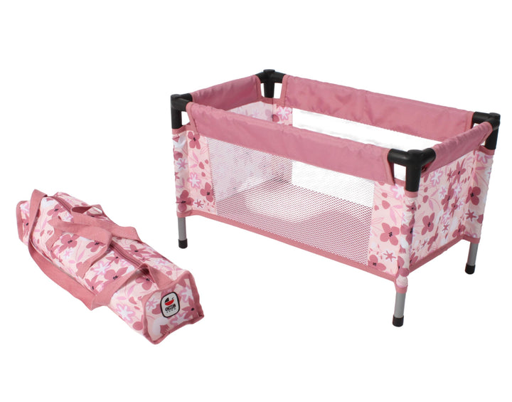 Bayer Chic 2000 Puppenreisebett zerlegbar – Puppenbett Blumen Design Rosa | Kompaktes Puppenreisebet