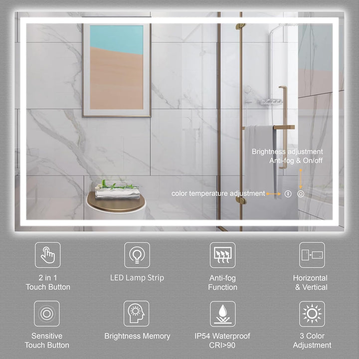 Dripex Badspiegel mit Beleuchtung Led Spiegel mit Touch-Schalter, Dimmbar, 3 Lichtfarbe Einstellbare