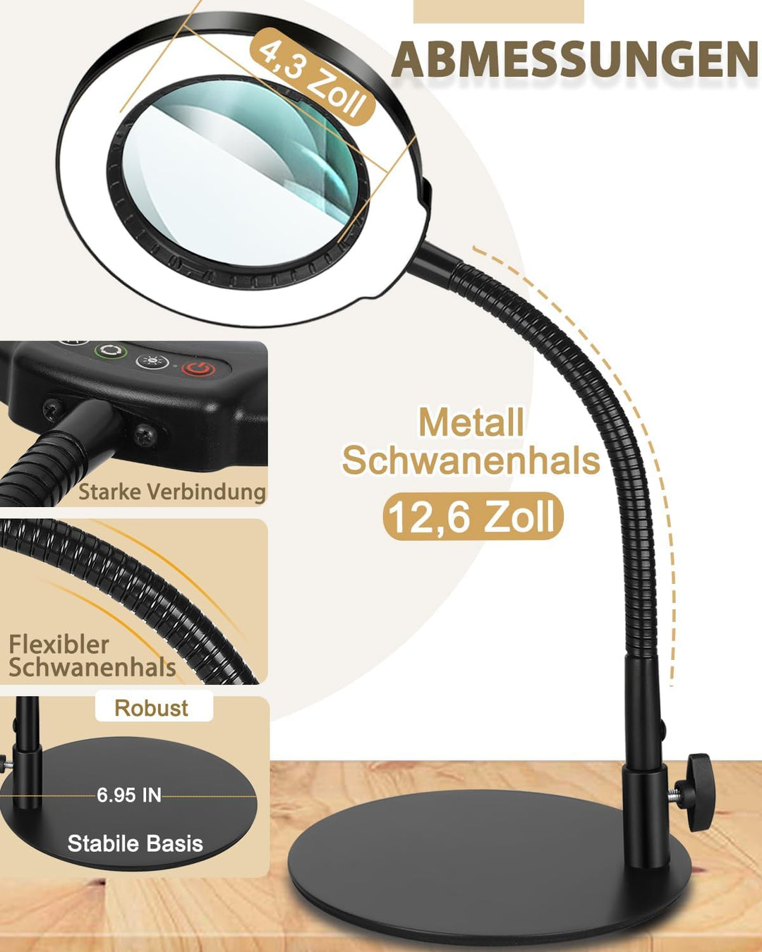 Veemagni 10X Lupe mit Licht und Ständer, 5 Farbmodi stufenlos dimmbare LED beleuchtete Schreibtischl