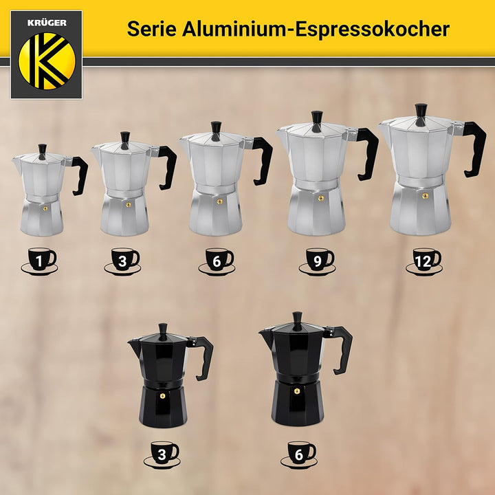 KRÜGER Aluminium-Espressokocher mit Silikon-Dichtring für 3 Tassen - schnelle und einfache Espresso-