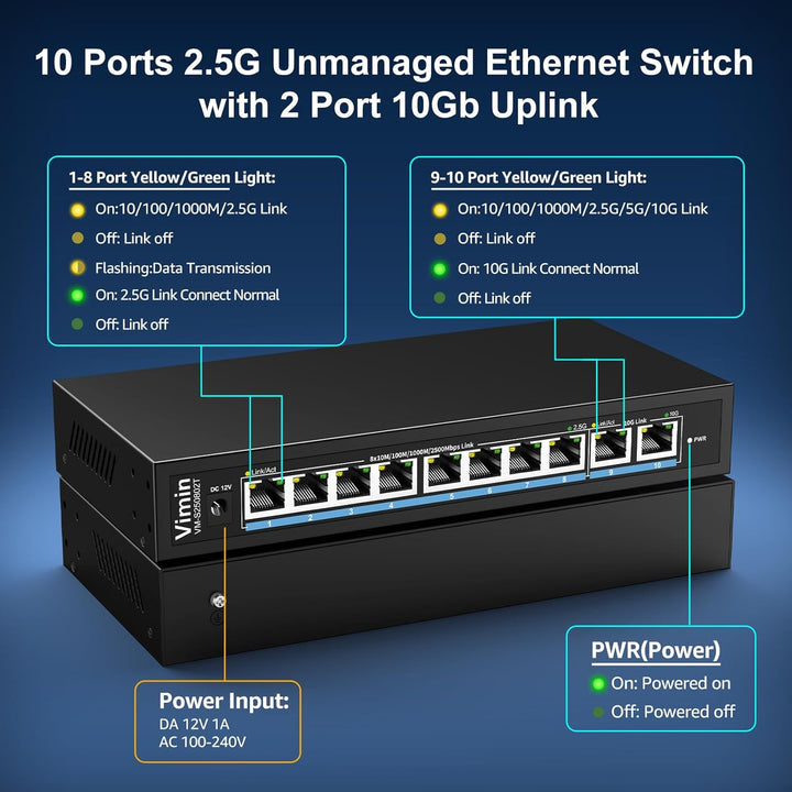 10 Port 10G/2.5G Ethernet-Switch mit Dual 10GBASE-T, Vimin 8x 2.5G + 2 x 10Gb RJ45 Ports Unmanaged S