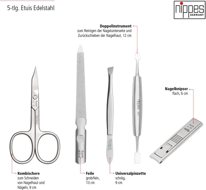 nippes Solingen Premium Line Maniküre Set Tabard, 5-teilig, Edelstahl rost- und nickelfrei, Rindsled