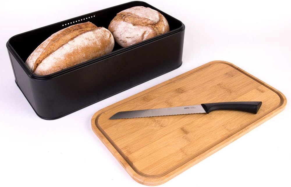 Zeller 25377 Brotkasten m. Bamboo Deckel, Metall, matt schwarz, ca. 42,5 x 23 x 13 cm, Brotbox mit B