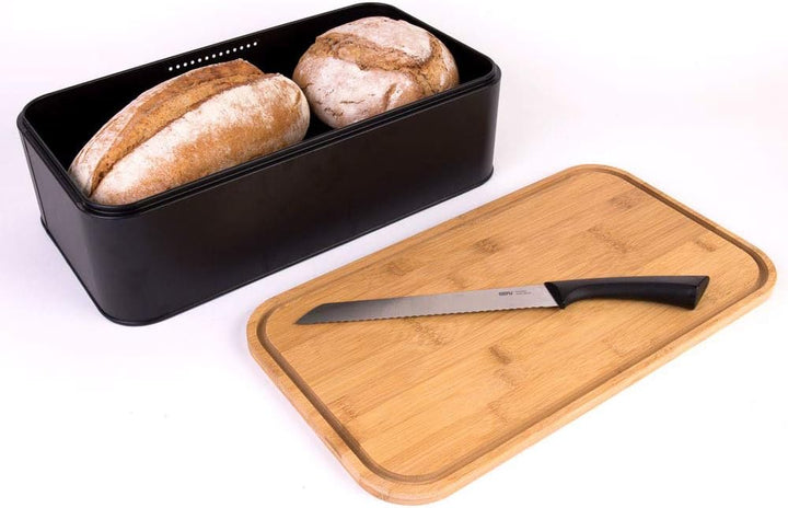 Zeller 25377 Brotkasten m. Bamboo Deckel, Metall, matt schwarz, ca. 42,5 x 23 x 13 cm, Brotbox mit B