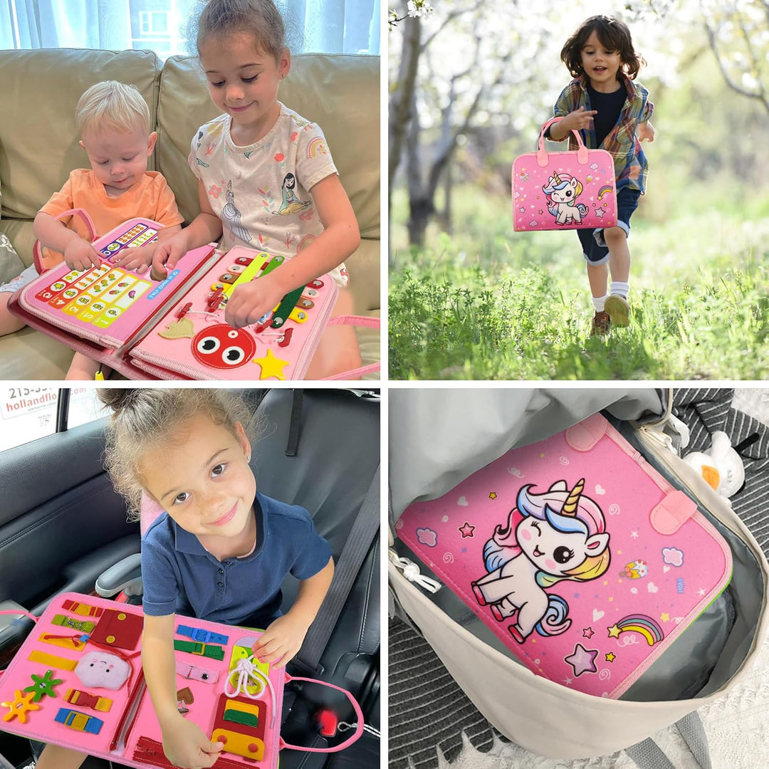 LearnToy Montessori Busy Board für Mädchen 3–5 Jahre – Einhorn Feinmotorik‑Spielzeug mit Auto/Flugze