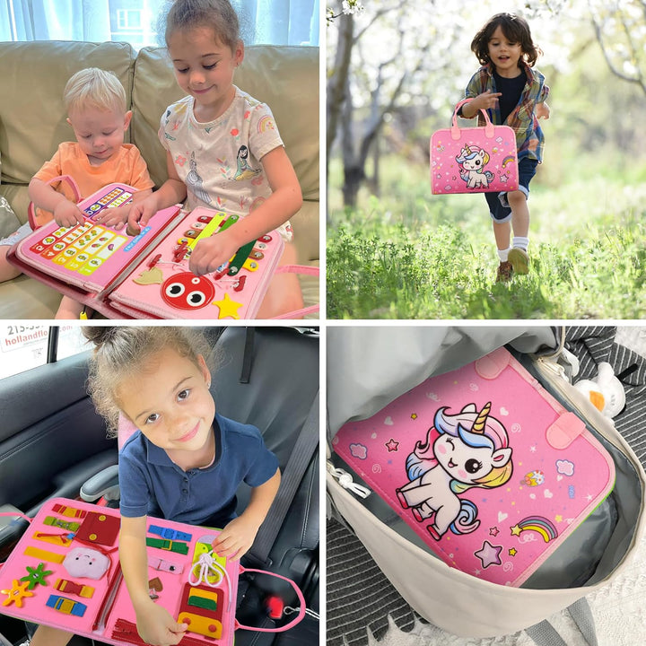 LearnToy Montessori Busy Board für Mädchen 3–5 Jahre – Einhorn Feinmotorik‑Spielzeug mit Auto/Flugze