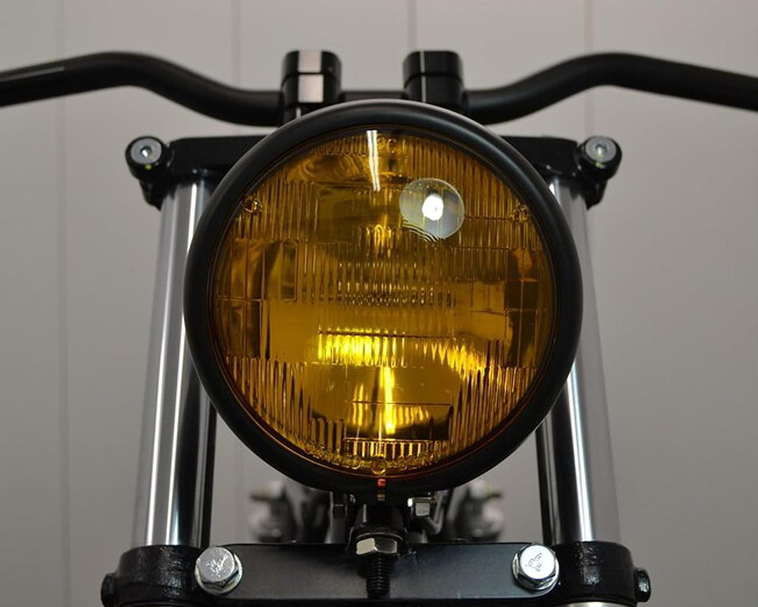 Schwarze Frontscheinwerfer Motorrad mit Gelben Linsen 5.75" 12V 55W Bates Optik - Metallgehäuse